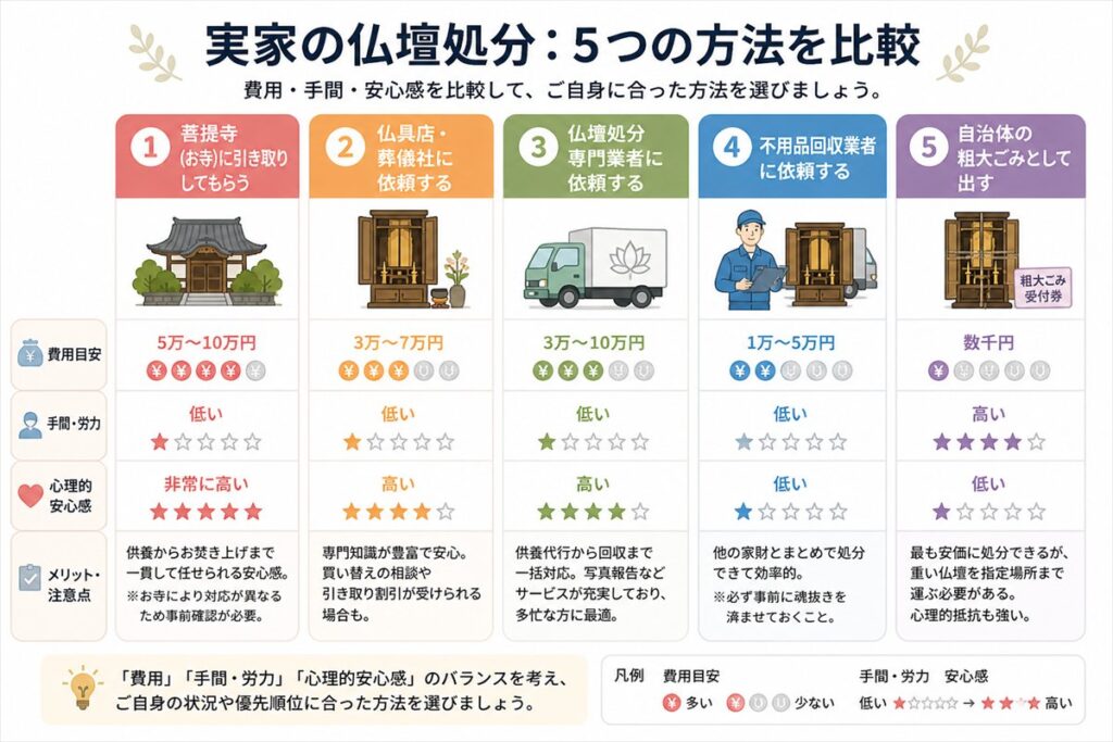 実家の仏壇処分：5つの方法と費用・メリット比較